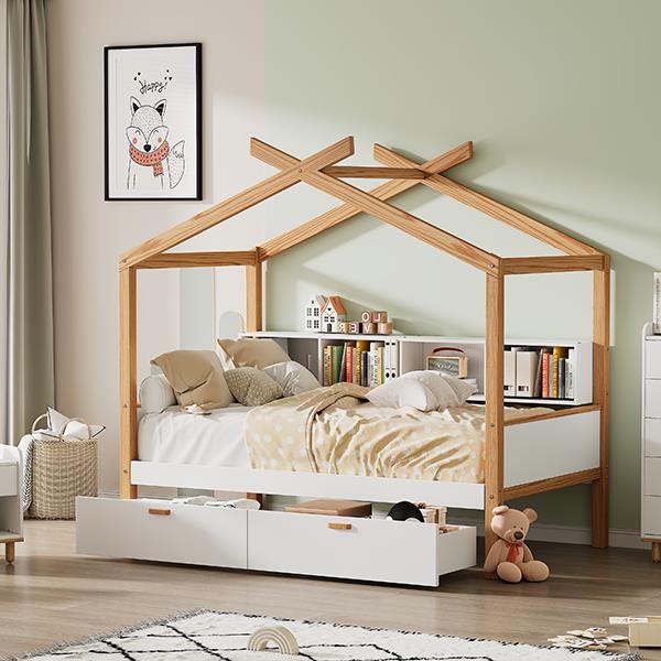 White Twin Size Wooden House Bed Original Wood Colored Frame with Two Drawers and Bookshelf Storage Space for Children or Guest Room