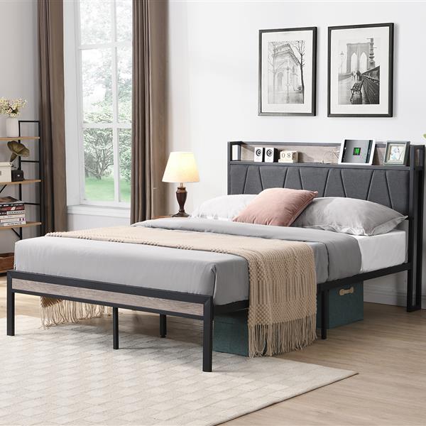 Queen  Size  Metal Platform Bed Frame with upholstery storage function Headboard   and USB LINER  and Footboard  , No Box Spring Needed, Large Under Bed Storage, Easy Assemble