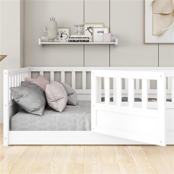 Full size  Floor bed, integral construction with super high security barrier, door, children's floor bed frame, Montessori wooden children's floor bed, white