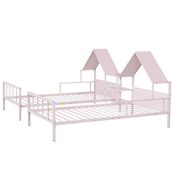 Metal Double Twin Size Platform Bed with House-shaped Headboard and a Built-in Nightstand, Pink