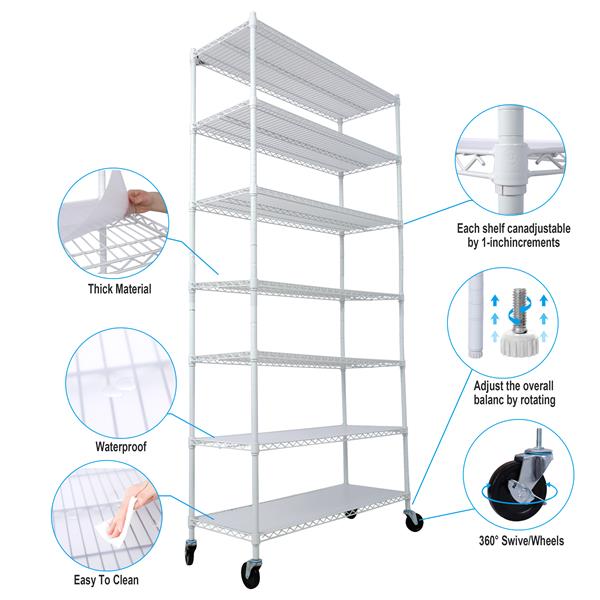 7 Tier Metal Shelf Wire Shelving Unit, 2450lbs Heavy Duty Adjustable Storage Rack with Wheels & Shelf Liners for Closet Kitchen Garage Basement Commercial Shelving - 81.5" H x 48" L x 18" D white