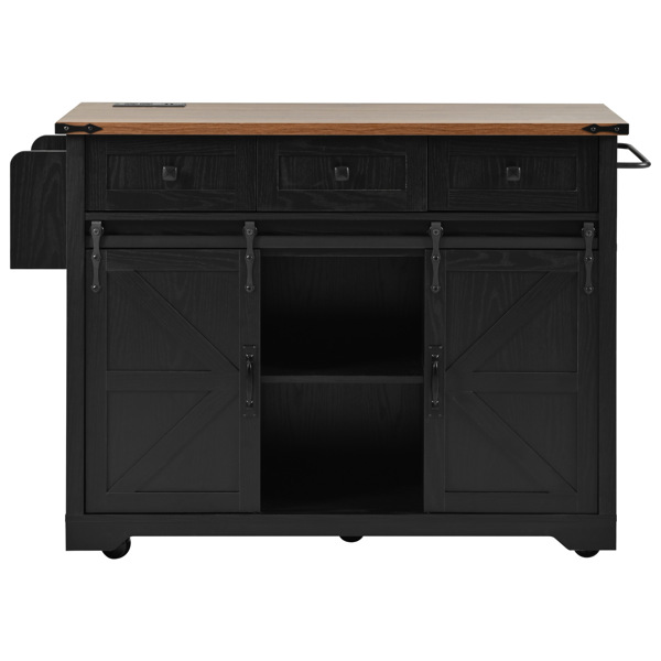 53.7" Farmhouse Kitchen Island with Power Outlet, 2 Sliding Barn Door Kitchen Storage Island with Drop Leaf, Spice Rack Rolling Kitchen Cart on Wheels, for Home, Kitchen and Dining Room, Black