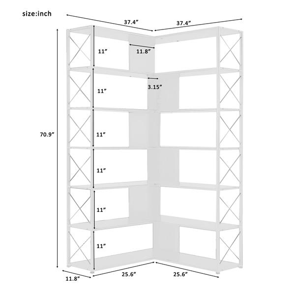 7-Tier Bookcase Home Office Bookshelf,  L-Shaped Corner Bookcase with Metal Frame, Industrial Style Shelf with Open Storage, MDF Board