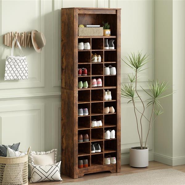 Stylish Design 30 Shoe Cubby Console, Contemporary Shoe Cabinet with Multiple Storage Capacity, Free Standing Tall Cabinet with Versatile Use for Hallway,  Bedroom, Rustic Brown