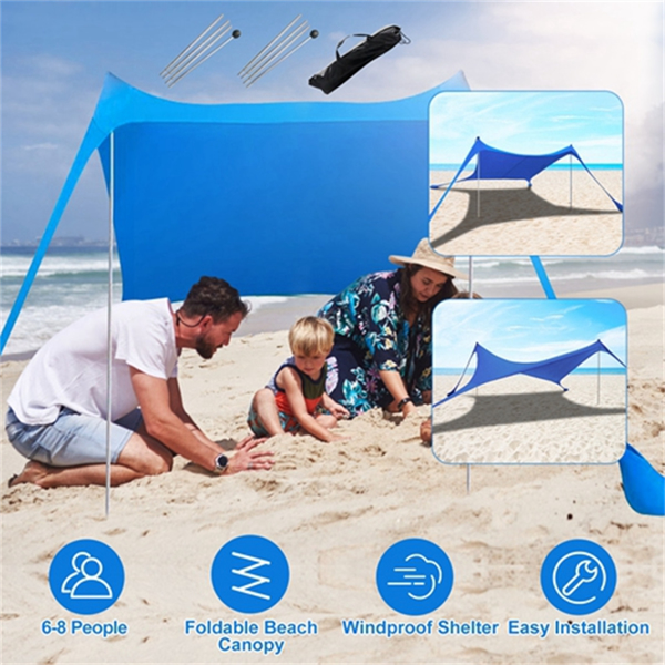 6.5x6.5FT Foldable Beach Canopy Tent Collapsible Shade Sail Sun Protection Windproof Shelter 4 Sandbag 2 Pole Portable Storage Bag Rectangle Blue（No shipments on weekends）