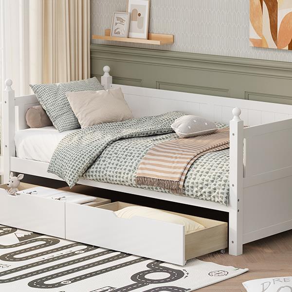 Twin Size Solid Wood Daybed with 2 drawers for Limited Space Kids, Teens, Adults, No Need Box Spring, White