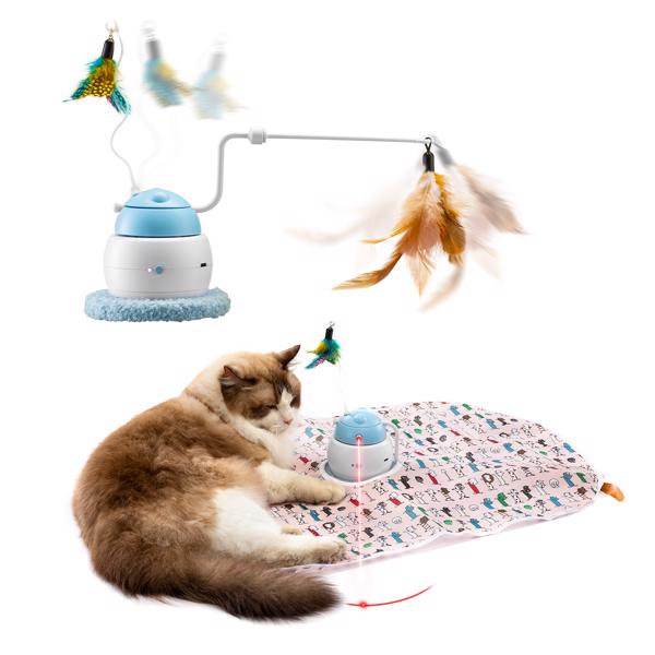 Automatic Interactive Cat Toy 4 in 1 Rechargeable Cat Laser Toy for Indoor Moving Feather Hide and Seek Cat Toy Automatic Exercise and Relieve Boredom Toy (Blue）