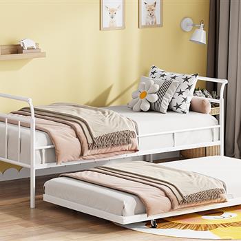 Twin Size Metal Daybed with Curved Handle Design and Twin Size Trundle, White