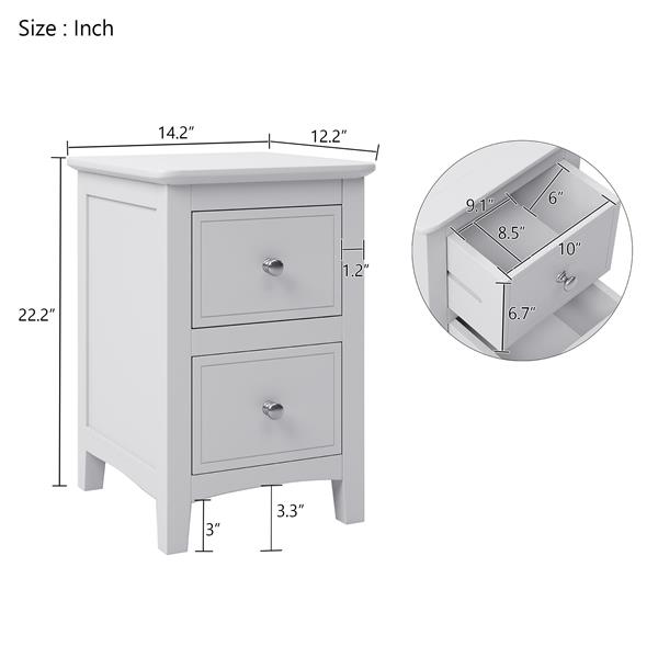 2 Drawers Solid Wood Nightstand End Table in White