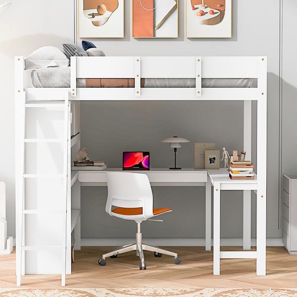 Full Size Loft Bed with Desk and Shelf - White