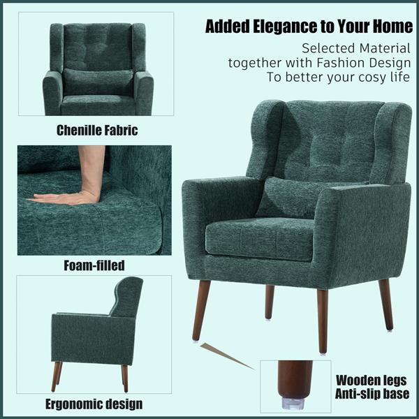 Modern Chair,Chenille Arm Chairs for Living Room,Upholstered Mordern Armchair,Comfy Soft Padded Lounge Chair in Small Space, Bedroom, w/Pillow, Solid Wood Leg (Blackish Green)