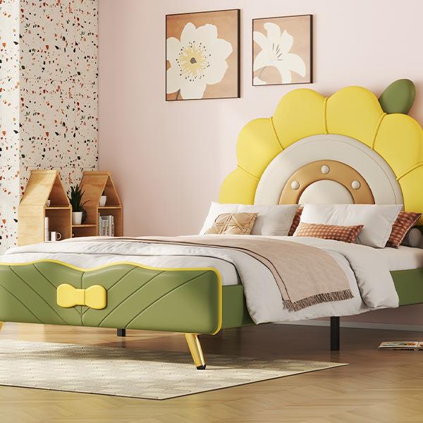 Twin Size Upholstered Platform Bed with Sunflower Shaped Headboard, Green