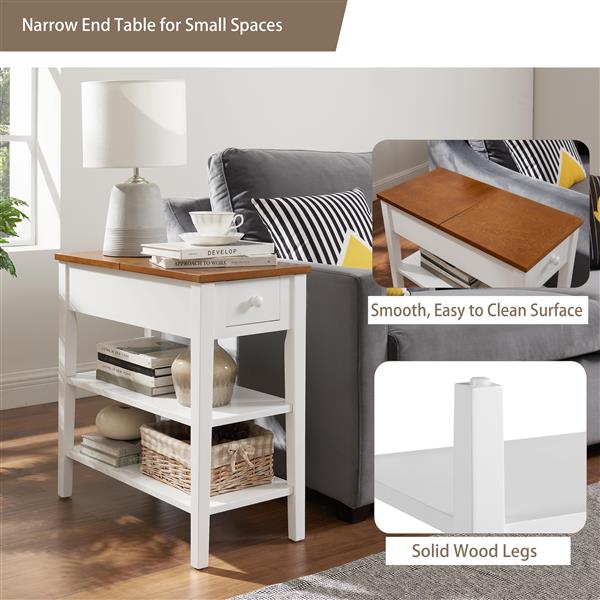 Narrow 2-tone End Table with USB Charging Ports for Small Space, SOLID WOOD Table Legs, White and Walnut, 11.8"W*24"D*24.2"H