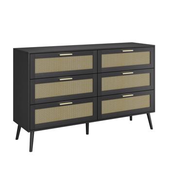 Rattan 6 Drawers Chest of Dressers for Bedroom Modern 6 Drawer Dresser, Wide Chest of Drawers Storage Cabinet for Living Room, Bedroom, Hallway 