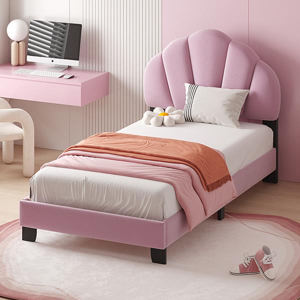 Twin Size Upholstered Velvet Platform Bed with Shell-Shaped Headboard, Pink