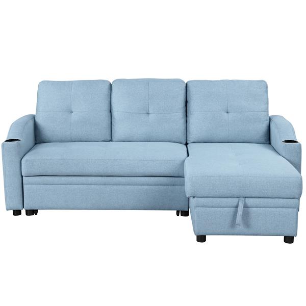 80.3". Pull Out Sofa Bed Modern Padded Upholstered Sofa Bed , Linen Fabric 3 Seater Couch with Storage Chaise and Cup Holder , Small Couch for Small Spaces