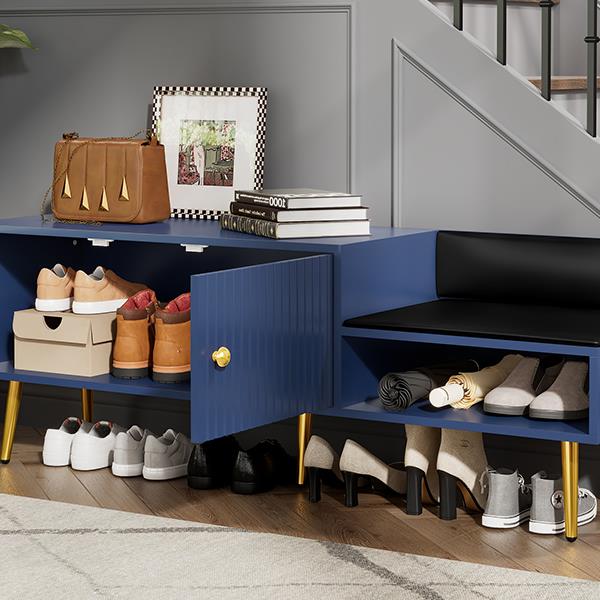 Modern Shoe Storage Bench with Hidden Storage and Upholstered Cushions for Bedside, Living Room and Entryway (Navy)