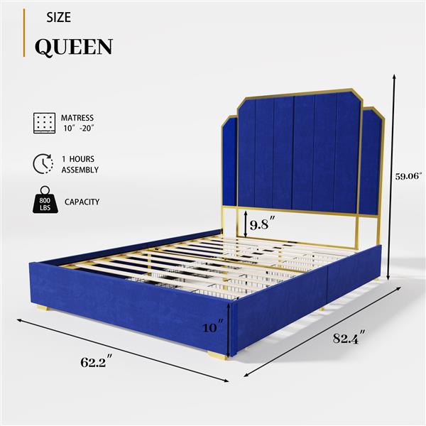 Queen Size Bed Frame and 59.06" Headboard, Upholstered Bed with lden Plating Trim, Modern Platform Bed No Box Spring Needed, Navy Blue Queen Bed