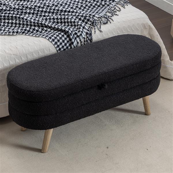 036-Boucle Fabric Storage Bench Bedroom Bench With Wood Legs For Living Room Bedroom Indoor,Black