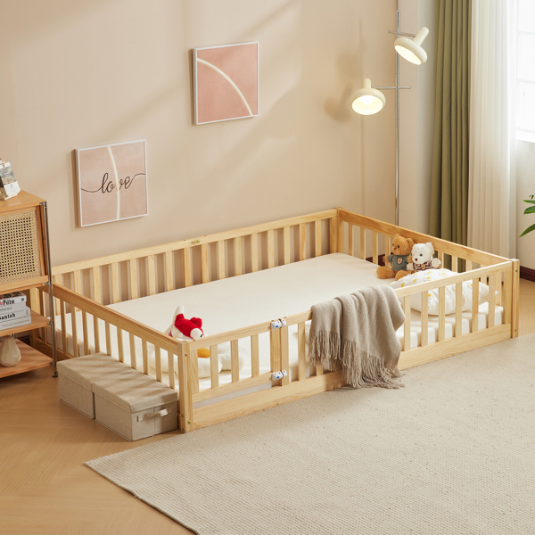 Fence bed with door and decking, natural wood color, painted surface, pine wood, full children's bed