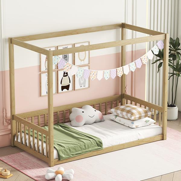 Twin Size Canopy Frame Floor Bed with Fence, Guardrails,Natural