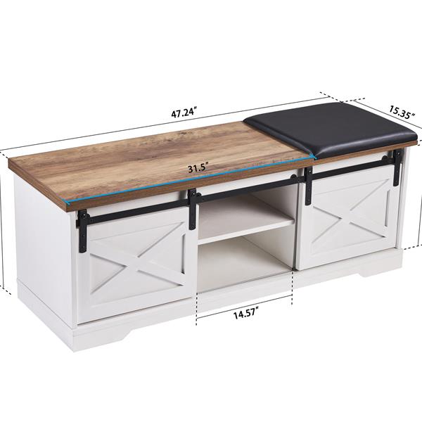 47 Inch Modern Farmhouse Sliding X Barn Door Litterbox Bench with Entry Cutout, Shoe Bench