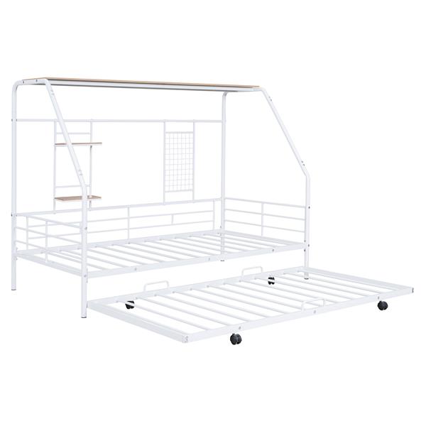 Twin Size Metal House Bed with Trundle, White