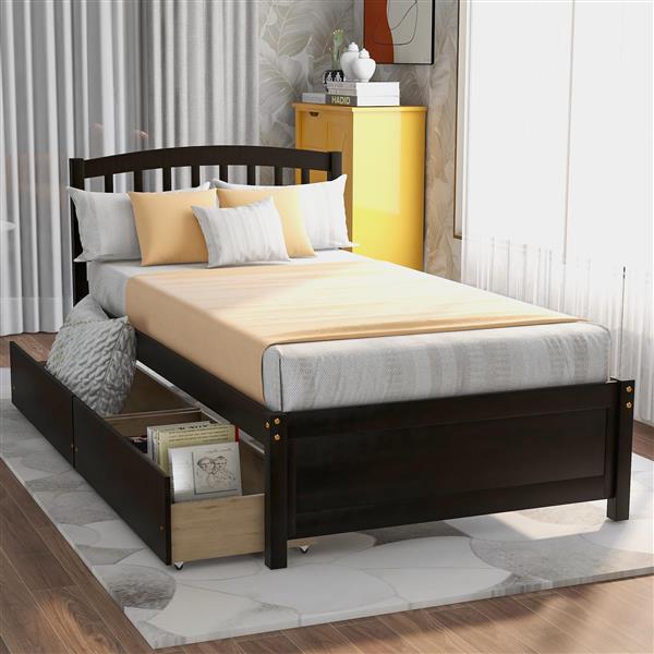 Twin Platform Storage Bed Wood Bed Frame with Two Drawers and Headboard, Espress