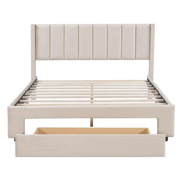 Queen Size Storage Bed Velvet Upholstered Platform Bed with a Big Drawer - Beige