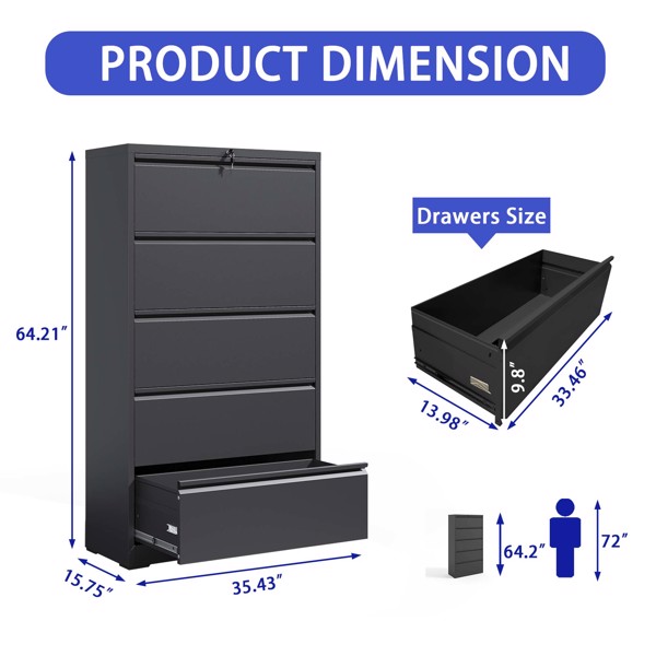 5 Drawer Metal Lateral File Cabinet , Black Filing Cabinet with Lock, Lockable File Cabinet for Home Office, Locking Metal File Cabinet for Legal/Letter/A4/F4 Size 