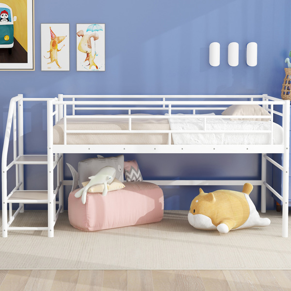 Mid Loft Bed with Storage stairs, Twin, White