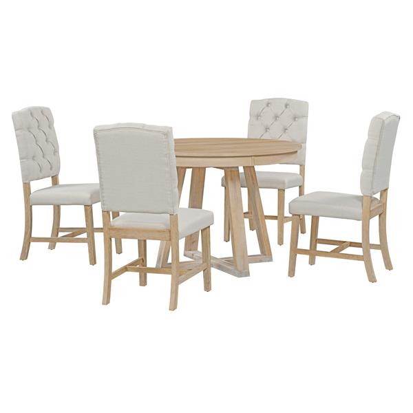 5-Piece Retro Functional Dining Set, Round Table with a 16"W Leaf and 4 Upholstered Chairs for Dining Room and Living Room (Natural)