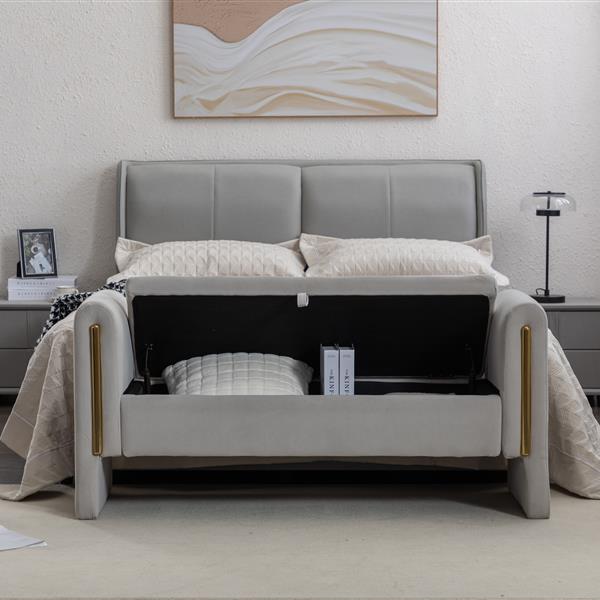 032-Velvet Fabric Storage Bench Bedroom Bench With Gold Metal Trim Strip For Living Room Bedroom Indoor,Light Gray