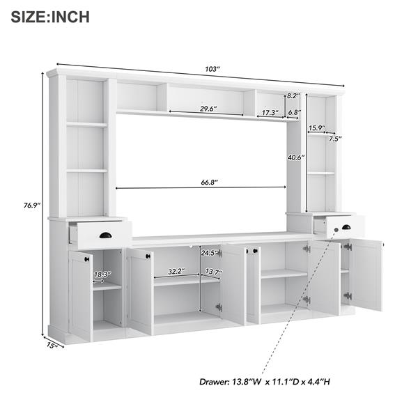 Minimalist Entertainment Wall Unit Set with Bridge for TVs Up to 75'', Ample Storage Space TV Stand with Adjustable Shelves, Modernist Large Media Console for Living Room, White