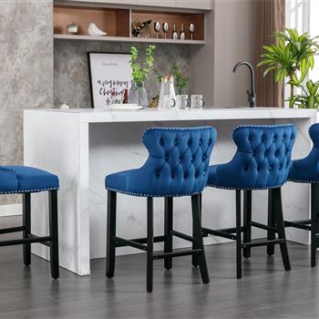 Contemporary Velvet Upholstered Wing-Back Barstools with Button Tufted Decoration and Wooden Legs, and Chrome Nailhead Trim, Leisure Style Bar Chairs,Bar stools,Set of 4 (Blue),SW1824BLx2 cartons