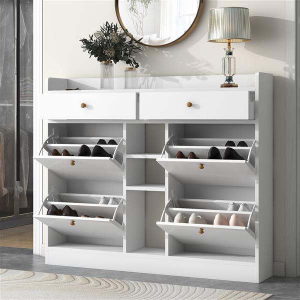 [VIDEO provided] Modern Shoe Cabinet with 4 Flip Drawers, Multifunctional 2-Tier Shoe Storage Organizer with Drawers, Free Standing Shoe Rack for Entrance Hallway, White.