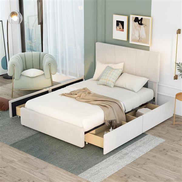 Full Size Upholstery Platform Bed with Four Drawers on Two Sides, Adjustable Headboard, Beige