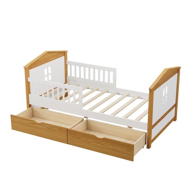 Twin Size House Shape Bed with  Two Drawers Wooden Bed for Girls Boys Teens, No Box Spring Needed, Walnut and White