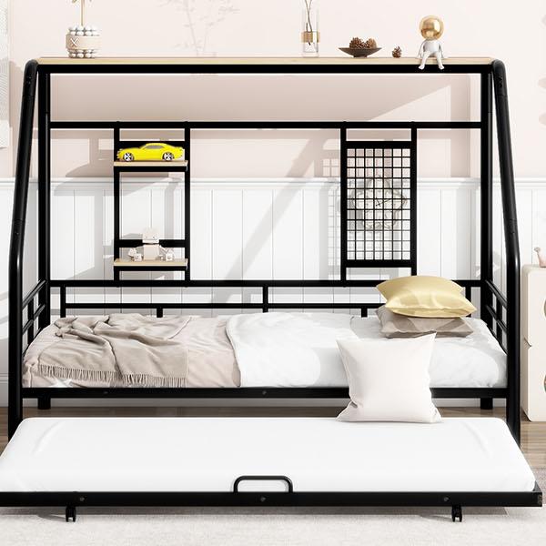 Twin Size Metal House Bed with Trundle, Black