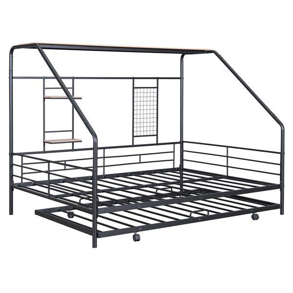 Full Size Metal House Bed with Trundle, Black