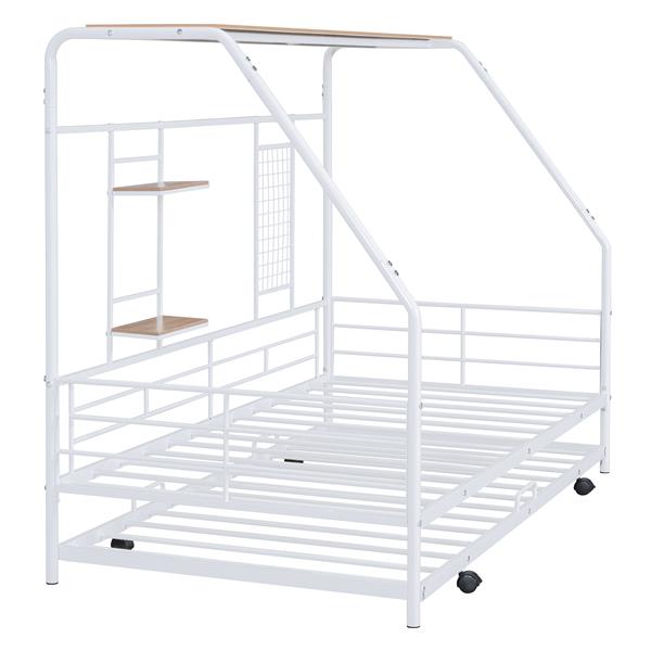 Twin Size Metal House Bed with Trundle, White