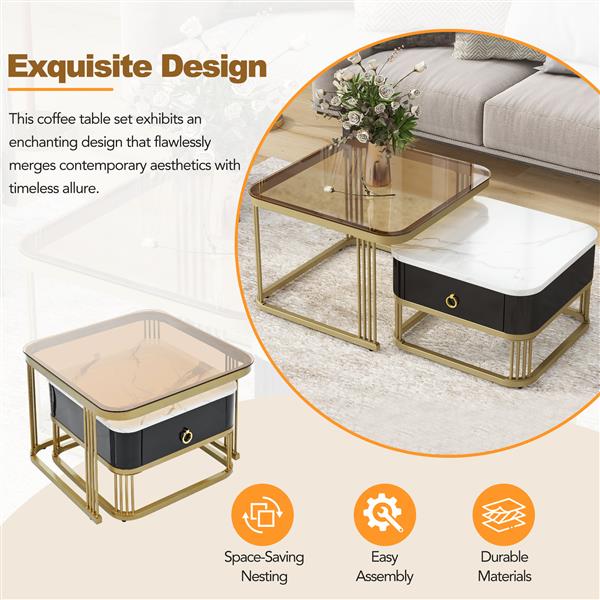 Nesting Coffee Table with Drawer, Set of 2, Exquisite Square Stacking Coffee Tables with Brown Tempered Glass, Side Table with High Gloss Marble Grain Tabletop for Living Room, Black