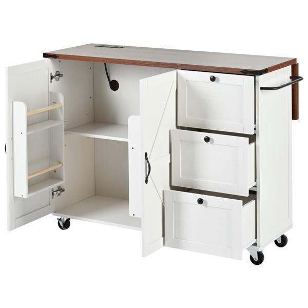 54.5" Farmhouse Kitchen Island with Power Outlet, Kitchen Storage Island  with Internal Storage Rack, Drop Leaf, Spice Rack, Rolling Kitchen Cart on Wheels, for Home, Kitchen and Dining Room,White