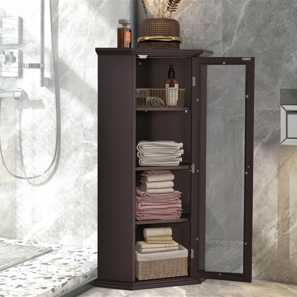 Freestanding Bathroom Cabinet with Glass Door, Corner Storage Cabinet for Bathroom, Living Room and Kitchen, MDF Board with Painted Finish, Brown