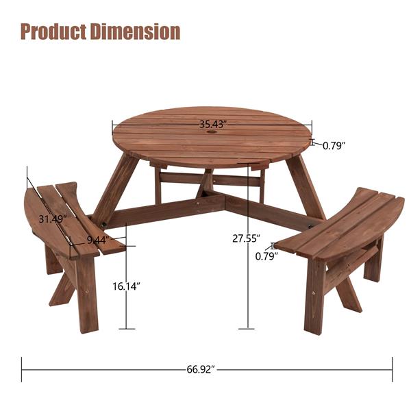 6-Person Circular Outdoor Wooden Picnic Table for Patio, Backyard, Garden, DIY w/ 3 Built-in Benches, 1720lb Capacity - Brown