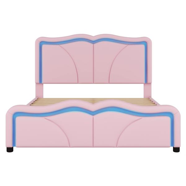 Full Size Upholstered Platform Bed with Curve Shaped and Height-adjustbale Headboard,LED Light Strips,Pink