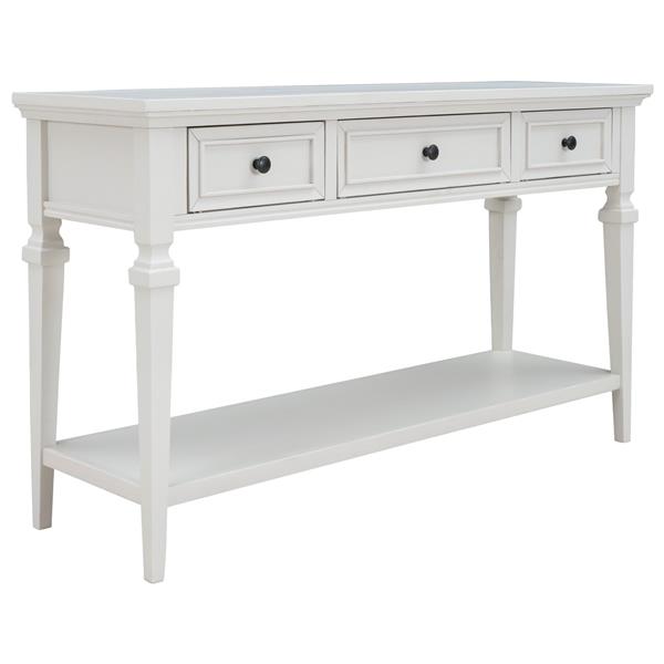 Classic Retro Style Console Table with Three Top Drawers and Open Style Bottom Shelf, Easy Assembly (Antique White)