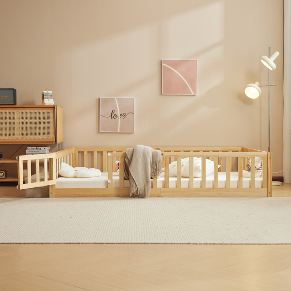 Fence bed with door and decking, natural wood color, painted surface, pine wood, full children's bed