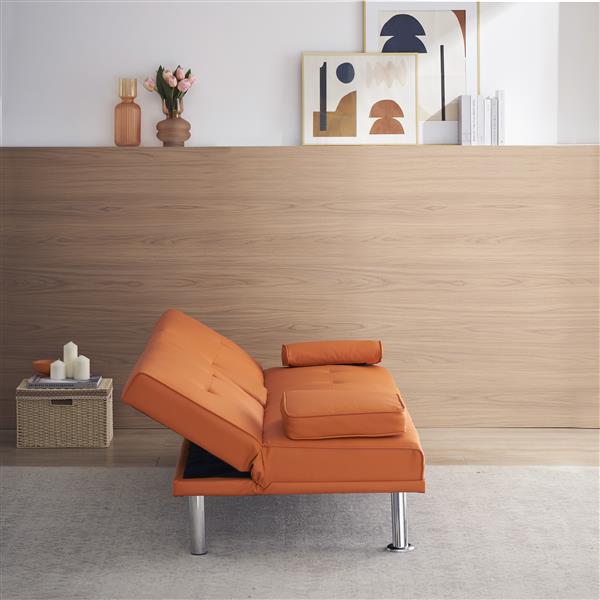 67" Orange Leather Multifunctional Double Folding Sofa Bed for Office with Coffee Table