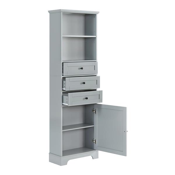 Grey Tall Storage Cabinet with 3 Drawers and Adjustable Shelves for Bathroom, Kitchen and Living Room, MDF Board with Painted Finish